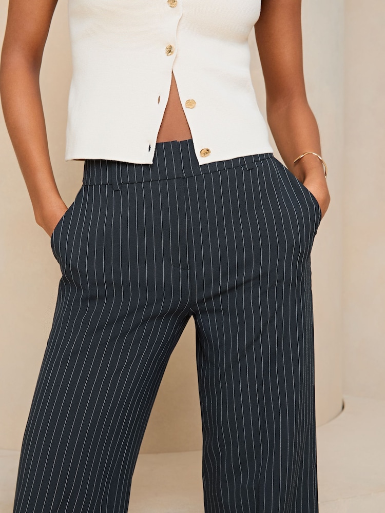 Lipsy Navy Blue Pinstripe Wide Leg Woven Smart Trousers - Image 4 of 4