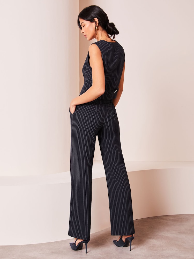Lipsy Navy Blue Pinstripe Petite Wide Leg Woven Smart Trousers - Image 2 of 4