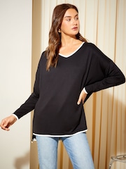 Friends Like These Black/White Tipped Soft Jersey V Neck Long Sleeve Tunic Top - Image 1 of 4