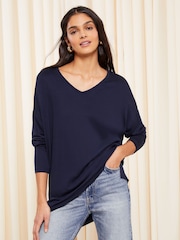 Friends Like These Navy Blue Blue Soft Jersey V Neck Long Sleeve Tunic Top - Image 1 of 4
