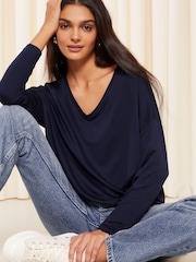 Friends Like These Navy Blue Blue Soft Jersey V Neck Long Sleeve Tunic Top - Image 3 of 4