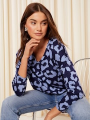 Friends Like These Blue Leopard Animal Soft Jersey V Neck Long Sleeve Tunic Top - Image 2 of 4