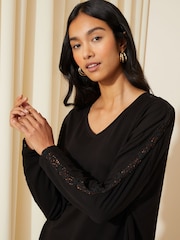 Friends Like These Black Crochet Soft Jersey V Neck Long Sleeve Tunic Top - Image 2 of 4