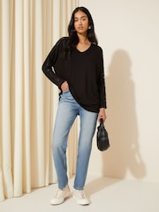 Friends Like These Black Crochet Soft Jersey V Neck Long Sleeve Tunic Top - Image 3 of 4