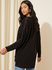 Friends Like These Black Crochet Soft Jersey V Neck Long Sleeve Tunic Top - Image 4 of 4