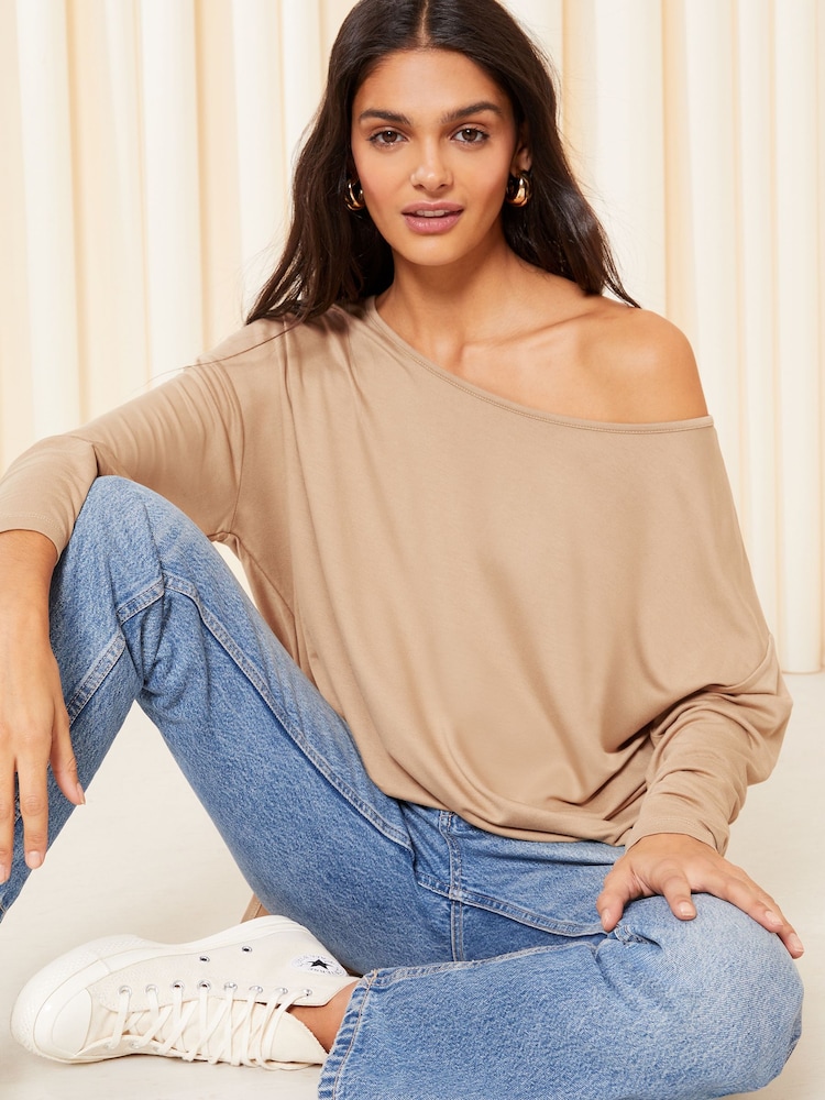 Friends Like These Cream Camel Soft Jersey Long Sleeve Slash Neck Tunic Top - Image 2 of 4
