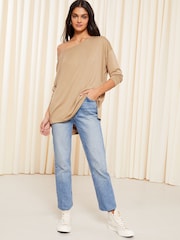 Friends Like These Cream Camel Soft Jersey Long Sleeve Slash Neck Tunic Top - Image 3 of 4