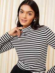 Friends Like These Black White Stripe Long Sleeve Funnel Neck Top - Image 2 of 4