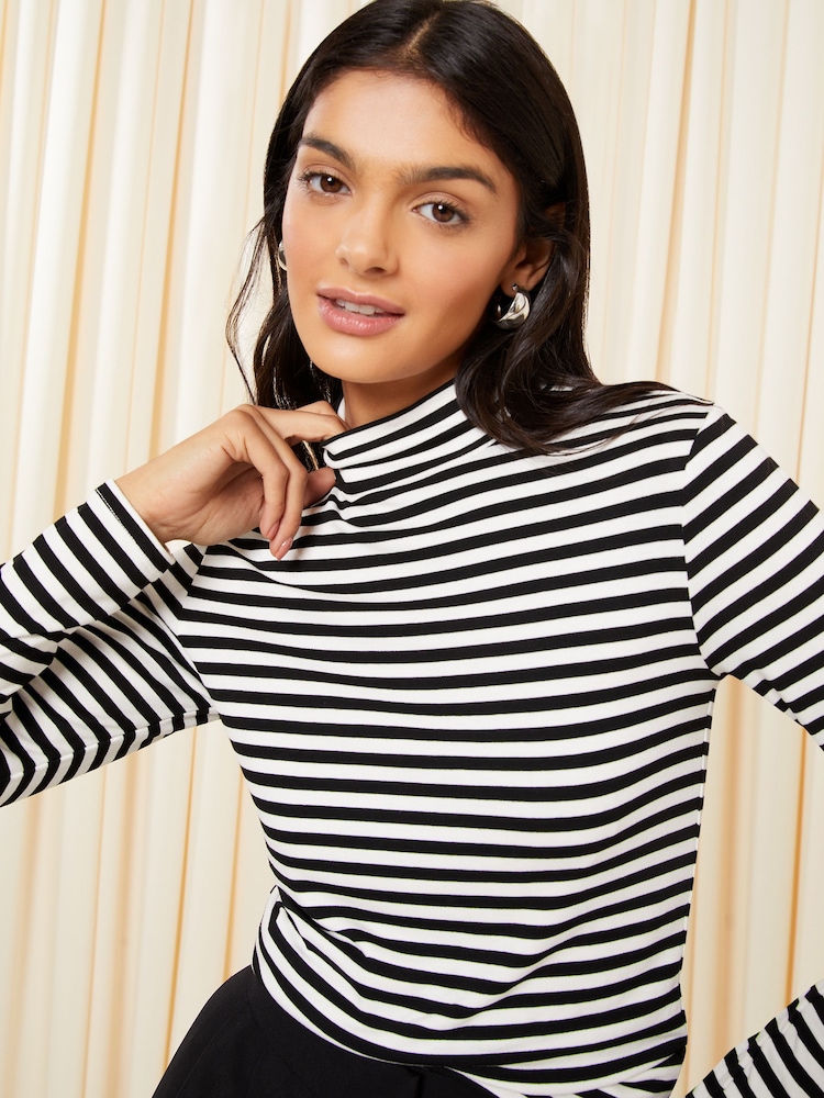Friends Like These Black White Stripe Long Sleeve Funnel Neck Top - Image 2 of 4