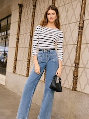 Friends Like These Navy Blue Stripe 3/4 Sleeve Ribbed Boat Neck Jersey T-Shirt - Image 4 of 4
