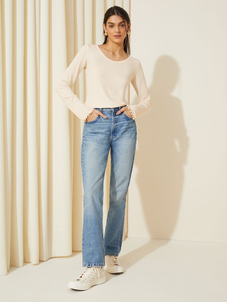 Friends Like These Cream Lettuce Trim Hem Long Sleeve Trim Cuff Blouse - Image 2 of 4