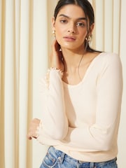 Friends Like These Cream Lettuce Trim Hem Long Sleeve Trim Cuff Blouse - Image 3 of 4