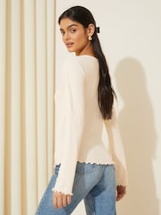 Friends Like These Cream Lettuce Trim Hem Long Sleeve Trim Cuff Blouse - Image 4 of 4