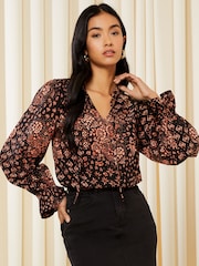 Friends Like These Tile Print Long Sleeve Tie Neck Blouse - Image 1 of 4