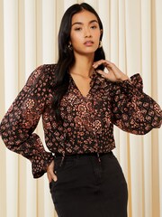 Friends Like These Tile Print Long Sleeve Tie Neck Blouse - Image 2 of 4