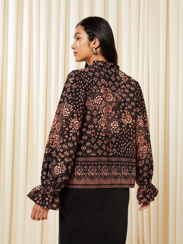 Friends Like These Tile Print Long Sleeve Tie Neck Blouse - Image 4 of 4