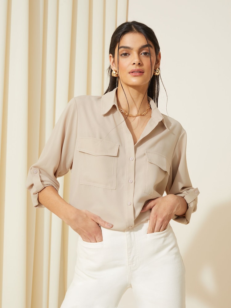Friends Like These Cream Long Sleeve Utility Style Button Through Shirt - Image 1 of 4