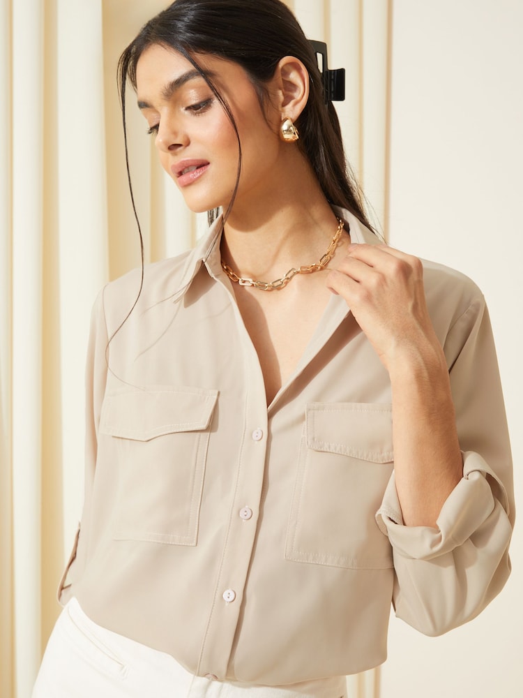 Friends Like These Cream Long Sleeve Utility Style Button Through Shirt - Image 2 of 4