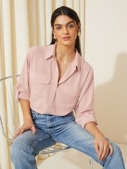 Friends Like These Pink Long Sleeve Utility Style Button Through Shirt - Image 1 of 4