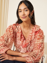 Friends Like These Red 3/4 Sleeve Ruffle Front Chiffon Blouse - Image 1 of 4