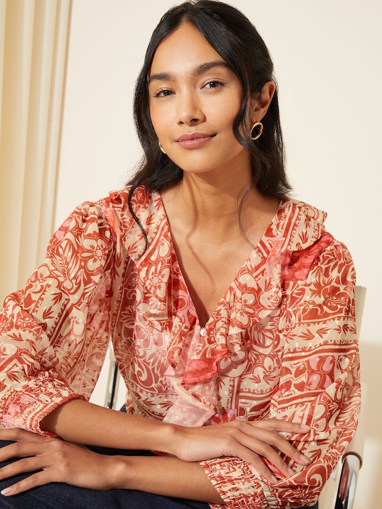 Friends Like These Red 3/4 Sleeve Ruffle Front Chiffon Blouse - Image 1 of 4
