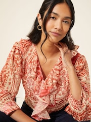 Friends Like These Red 3/4 Sleeve Ruffle Front Chiffon Blouse - Image 4 of 4
