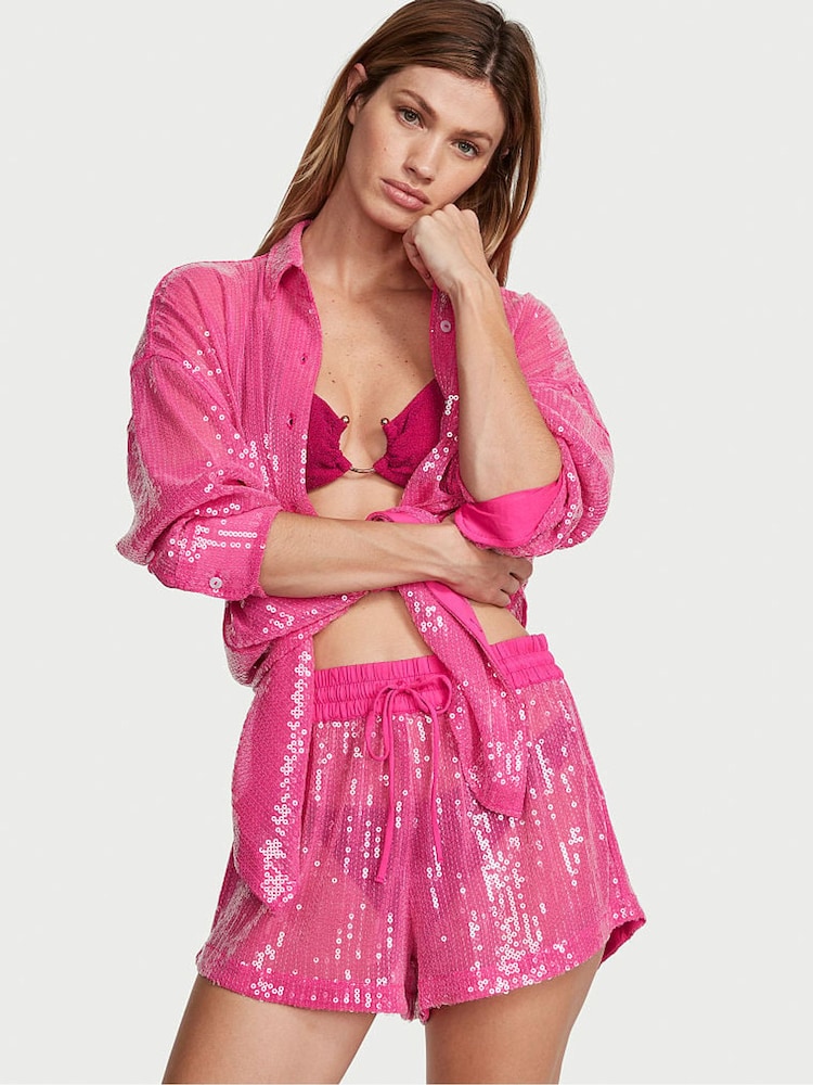 Victoria's Secret Forever Pink Sequin Mesh Shorts - Image 1 of 3