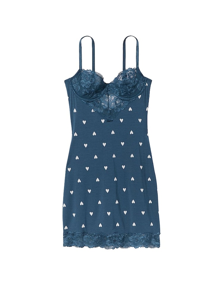 Victoria's Secret Midnight Sea Navy Blue Heart Modal Lace Mini Slip - Image 3 of 3