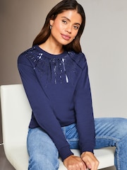 Lipsy Navy Sequin Round Neck Sweatshirt - Image 1 of 4
