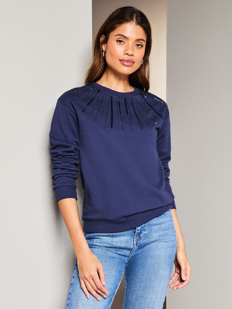 Lipsy Navy Sequin Round Neck Sweatshirt - Image 4 of 4
