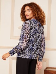 Love & Roses Grey Animal Printed Ruched High Neck Long Sleeve Chiffon Blouse - Image 2 of 4