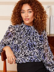 Love & Roses Grey Animal Printed Ruched High Neck Long Sleeve Chiffon Blouse - Image 4 of 4