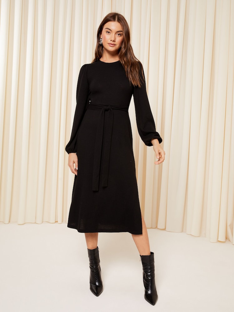 Friends Like These Black Soft Touch Knitted Belted Midi Dress - Image 1 of 4