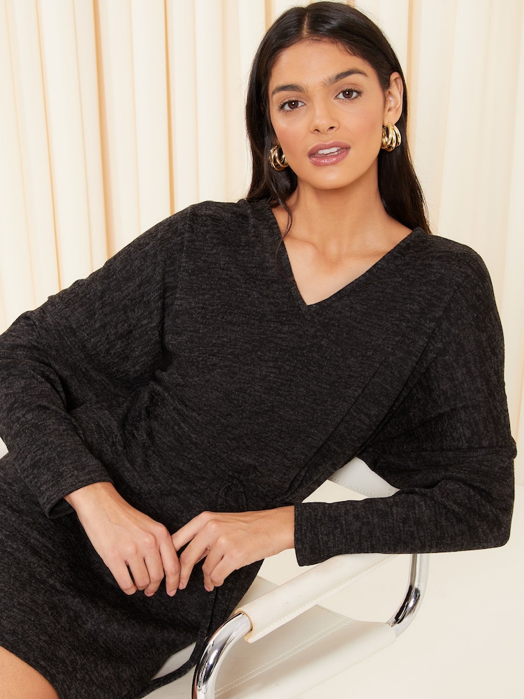 Friends Like These Black Petite Soft Touch Knitted Belted Midi Dress - Image 2 of 4