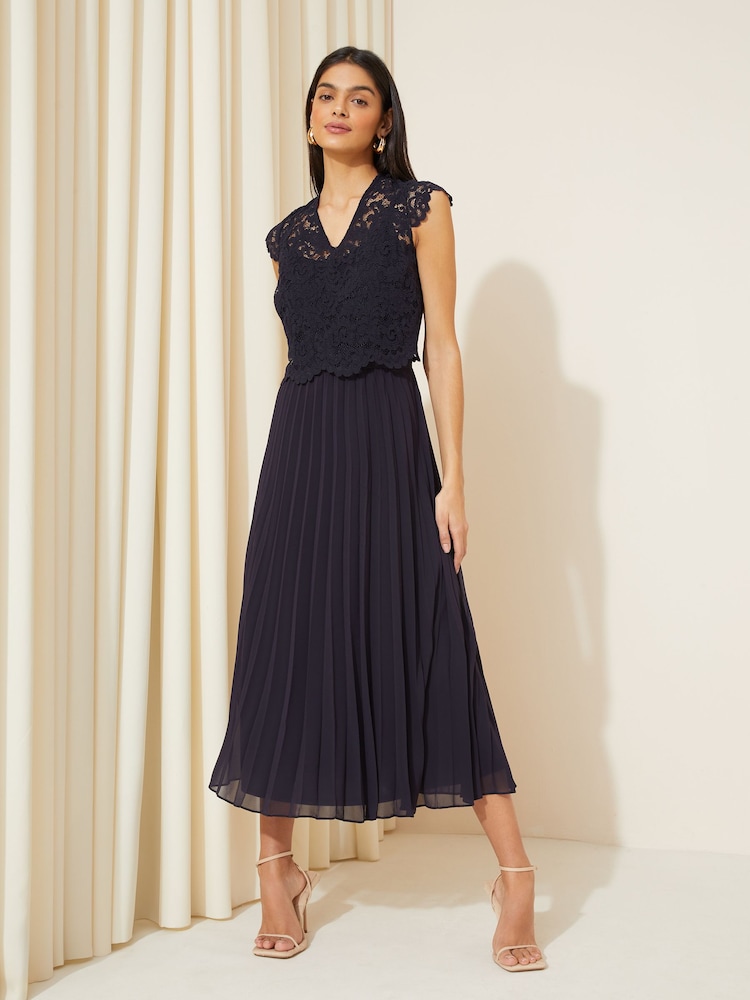 Friends Like These Navy Blue V Neck Pleated Lace Midi Dress - Image 1 of 4