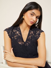 Friends Like These Navy Blue V Neck Pleated Lace Midi Dress - Image 2 of 4