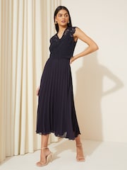 Friends Like These Navy Blue V Neck Pleated Lace Midi Dress - Image 3 of 4