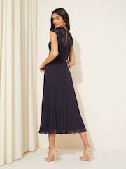 Friends Like These Navy Blue V Neck Pleated Lace Midi Dress - Image 4 of 4