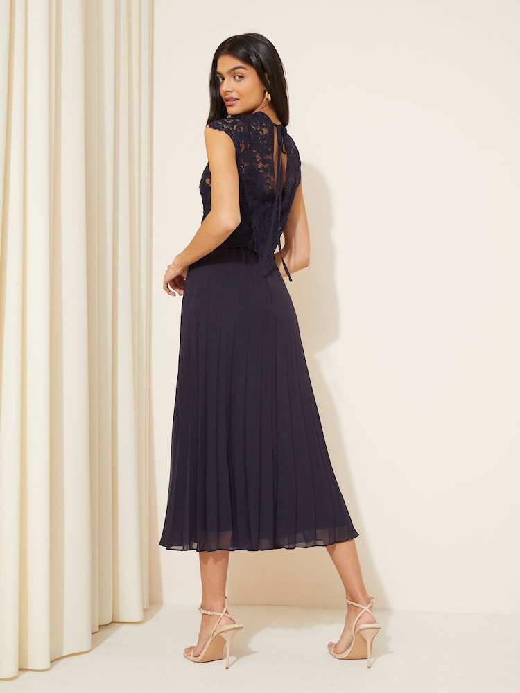 Friends Like These Navy Blue V Neck Pleated Lace Midi Dress - Image 4 of 4