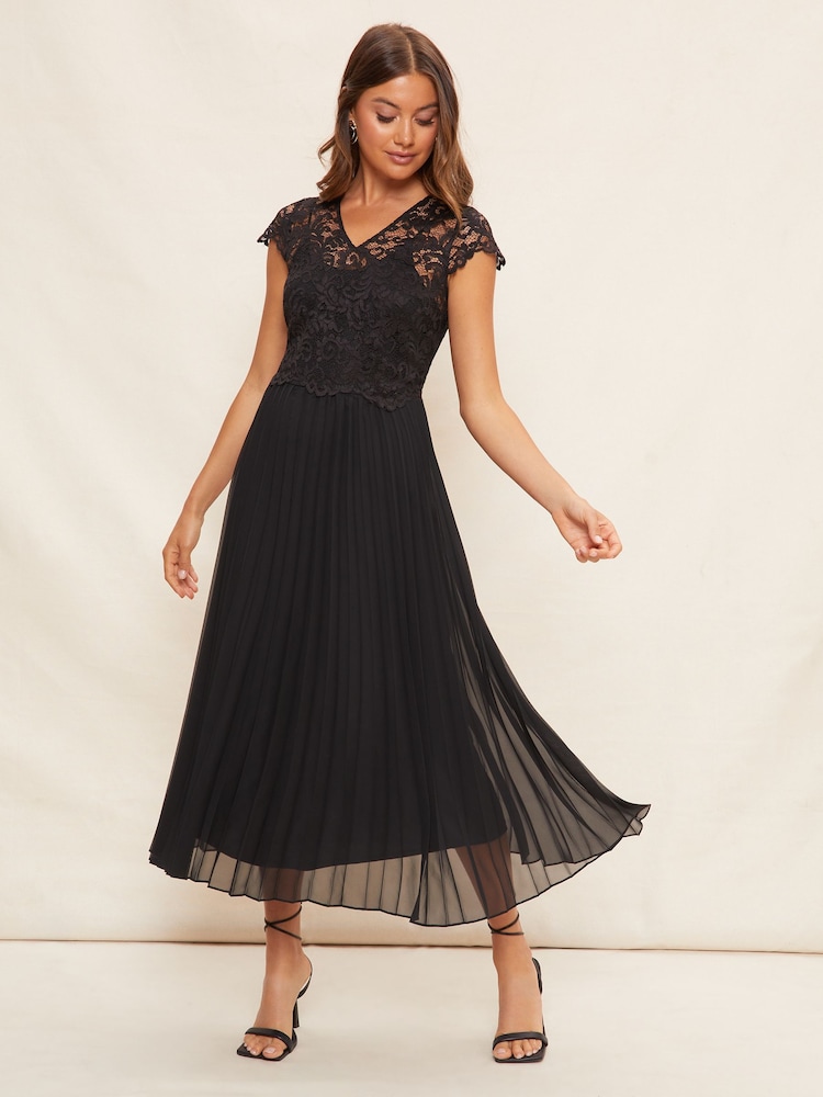 Friends Like These Black Petite V Neck Pleated Lace Midi Dress - Image 1 of 4