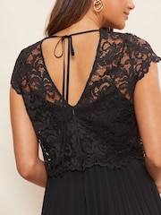 Friends Like These Black Petite V Neck Pleated Lace Midi Dress - Image 3 of 4
