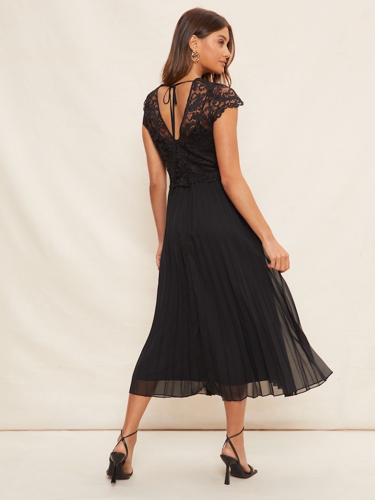 Friends Like These Black Petite V Neck Pleated Lace Midi Dress - Image 4 of 4