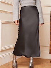 Love & Roses Charcoal Grey Satin Bias Cut Maxi Skirt - Image 4 of 4