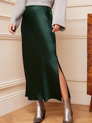 Love & Roses Green Satin Bias Cut Maxi Skirt - Image 1 of 4