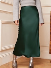 Love & Roses Green Satin Bias Cut Maxi Skirt - Image 2 of 4