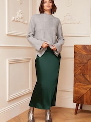 Love & Roses Green Satin Bias Cut Maxi Skirt - Image 3 of 4