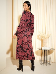 Friends Like These Red Floral V Neck Shirred Waist Long Puff Sleeve Midi Dress - Image 2 of 4