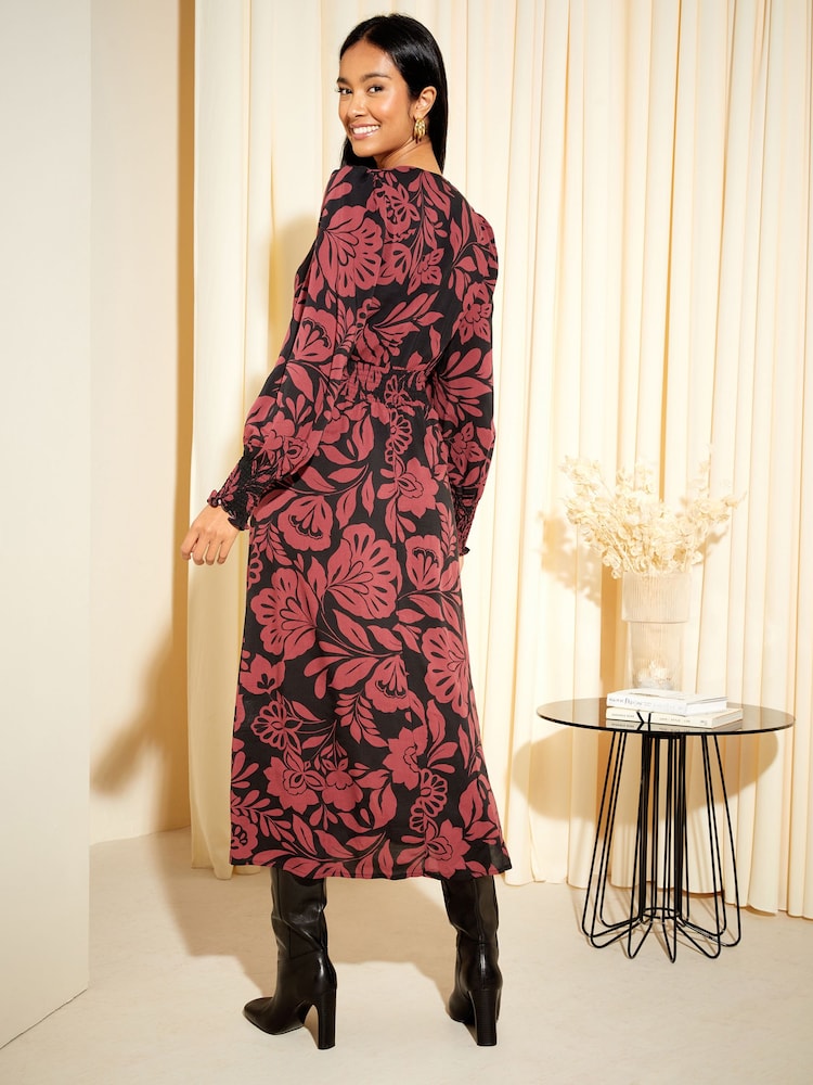 Friends Like These Red Floral V Neck Shirred Waist Long Puff Sleeve Midi Dress - Image 2 of 4