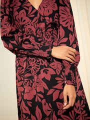 Friends Like These Red Floral V Neck Shirred Waist Long Puff Sleeve Midi Dress - Image 4 of 4