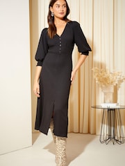Friends Like These Black Empire 3/4 Sleeve Crinkle Jersey Midi Dress - Image 1 of 4
